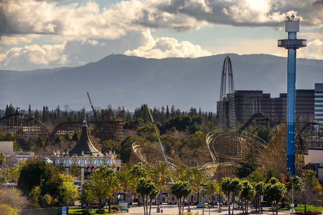 California’s Great America theme park near Hilton Santa Clara with roller coasters and mountains in the background