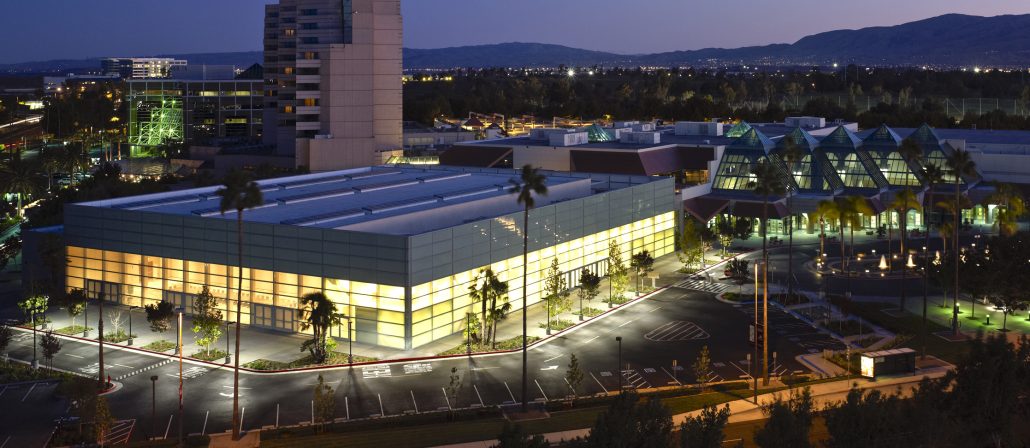 Santa Clara Convention Center illuminated at night near Hilton Santa Clara hotel